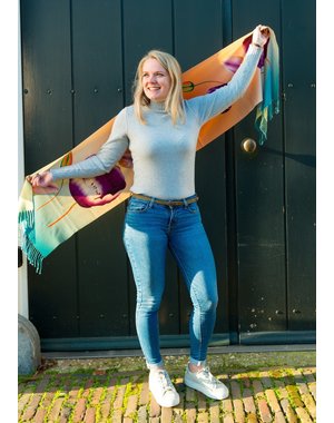 tulpensjaal 170x30 paarse tulp op oranje/blauw