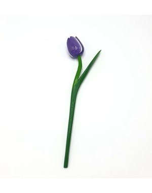 Houten tulp lichtpaars op steel met blad 30cm