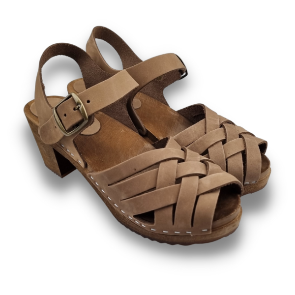 DINA Dina Heels Betty - Kaffeebraun - mit Nubukleder geflochten