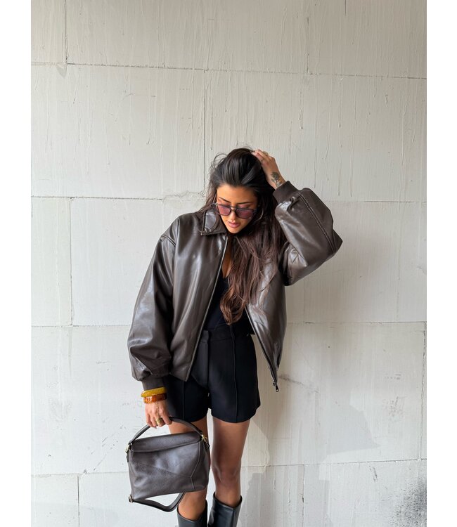 Oversized Brown Fake Leather Bomber