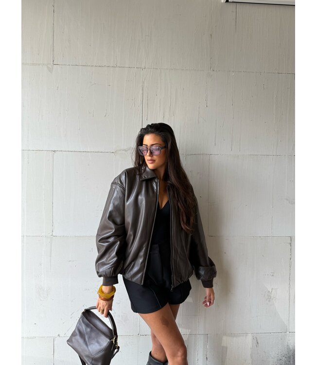 Oversized Brown Fake Leather Bomber
