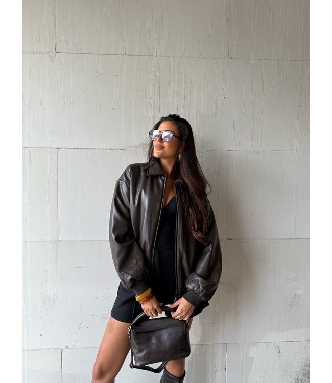 Oversized Brown Fake Leather Bomber
