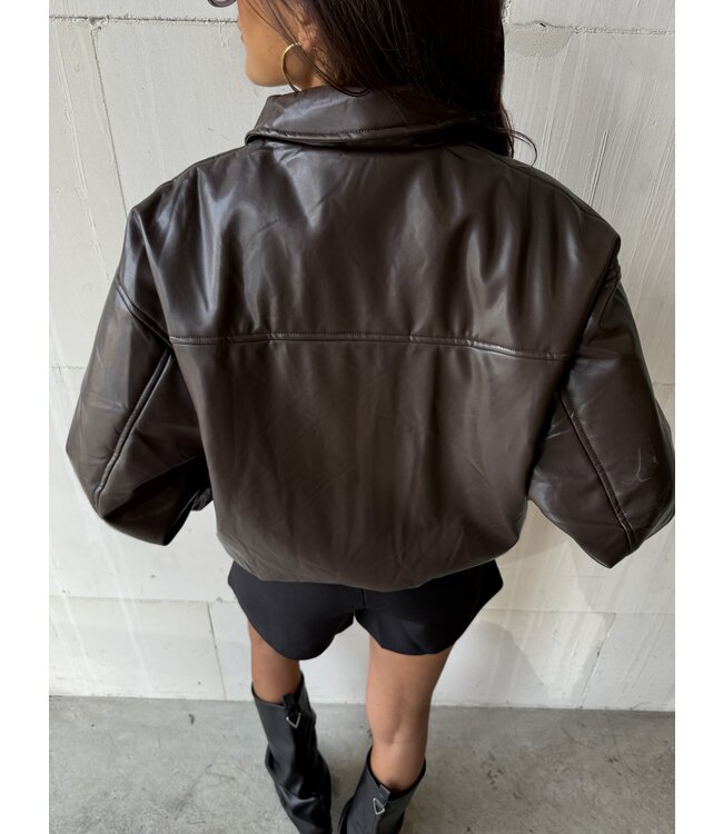 Oversized Brown Fake Leather Bomber