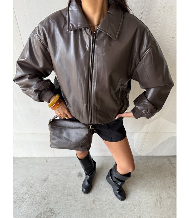 Oversized Brown Fake Leather Bomber