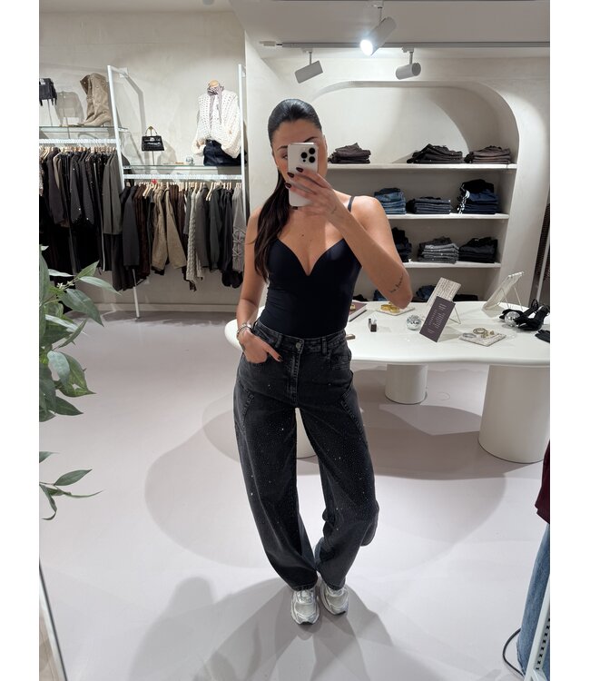 Balloon Jeans Strass Stretch Dark Grey