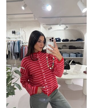 Trui Button Up Striped Pink Red