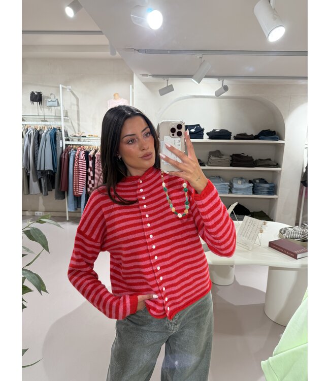 Trui Button Up Striped Pink Red