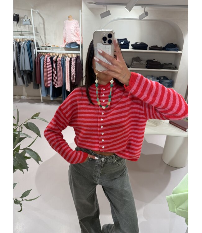 Trui Button Up Striped Pink Red
