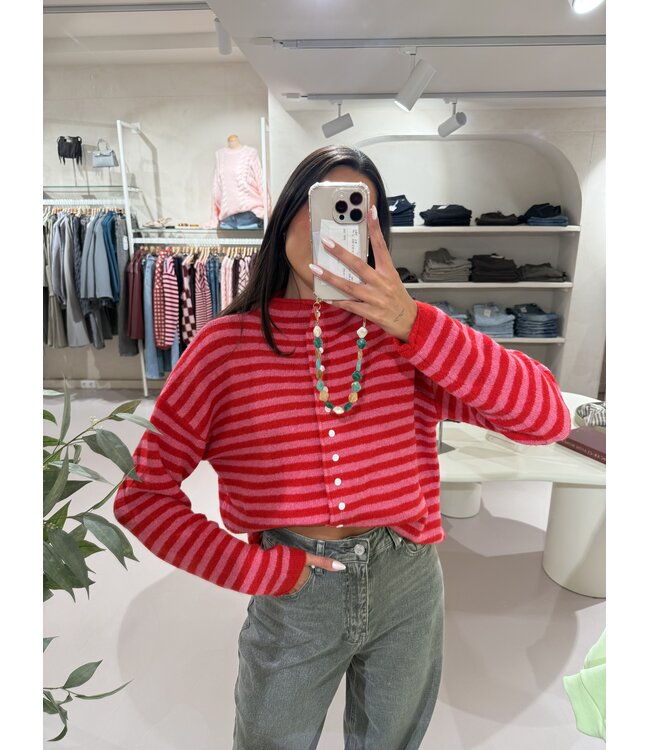 Trui Button Up Striped Pink Red