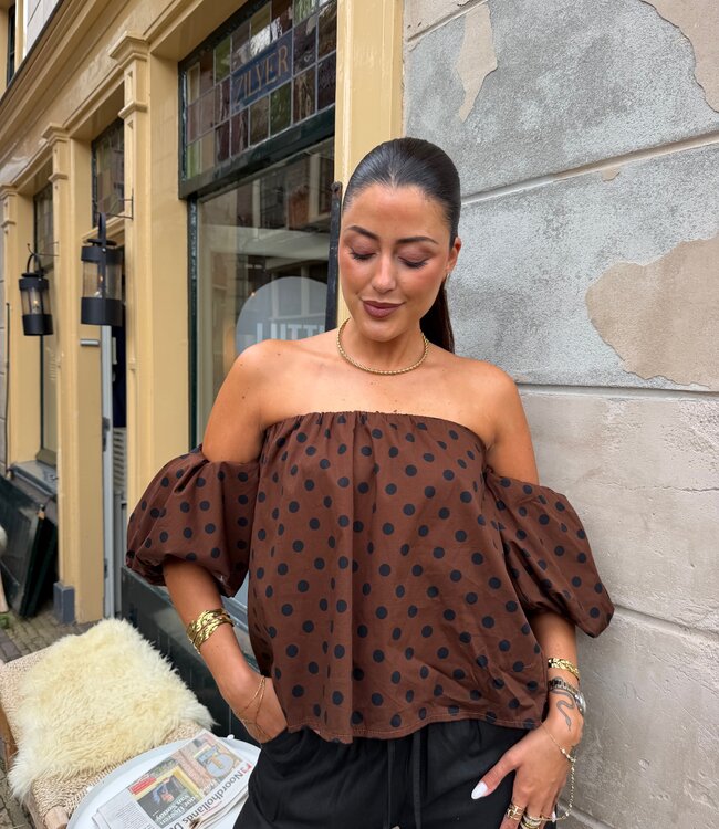The Dotted Off Shoulder Top Brown Black