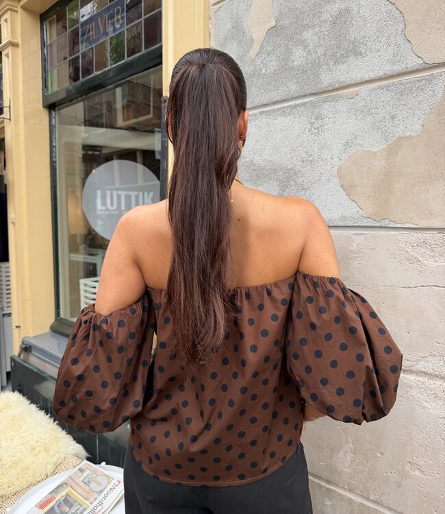 The Dotted Off Shoulder Top Brown Black