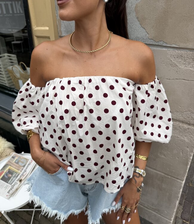 The Dotted Off Shoulder Top White Red