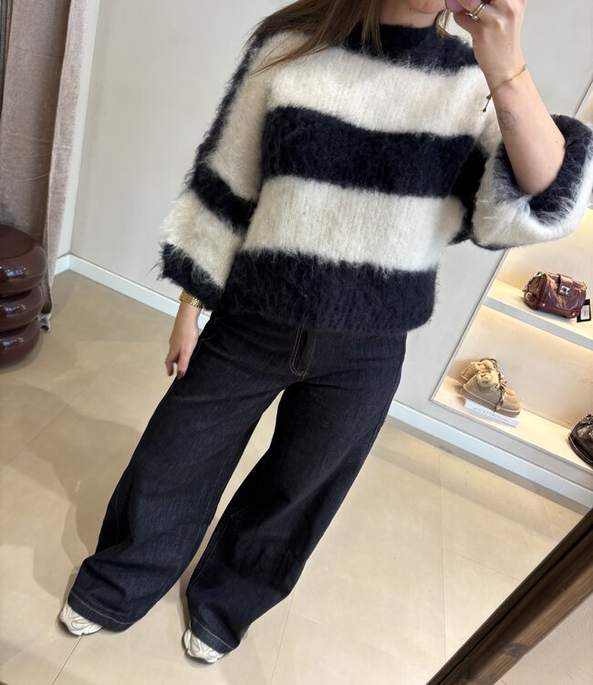 The Fluffy Knit Navy White Striped