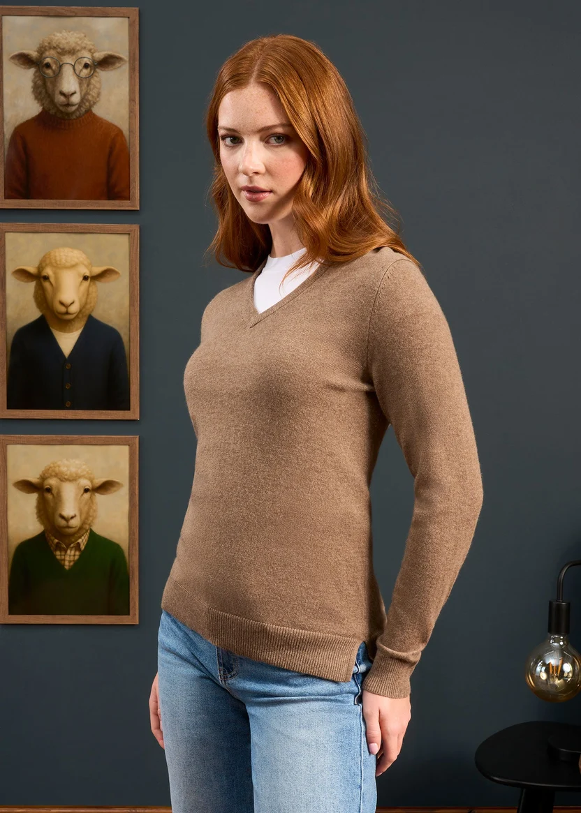 Alan Paine Alan Paine Isla ladies Inset v-neck cashmere trui |Pecan