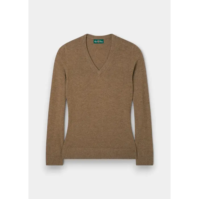 Alan Paine Alan Paine Isla ladies Inset v-neck cashmere trui |Pecan