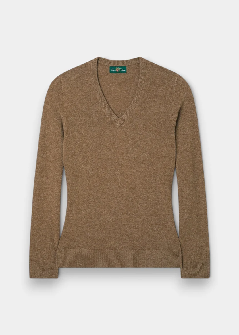 Alan Paine Alan Paine Isla ladies Inset v-neck cashmere trui |Pecan