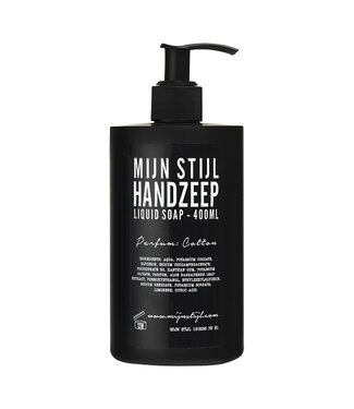 Mijn Stijl Handzeep parfum Cotton o.b.v. kokos- en olijfolie 400 ml (zwarte fles) Mijn Stijl Handzeep parfum Cotton o.b.v. kokos- en olijfolie 400 ml (zwarte fles)