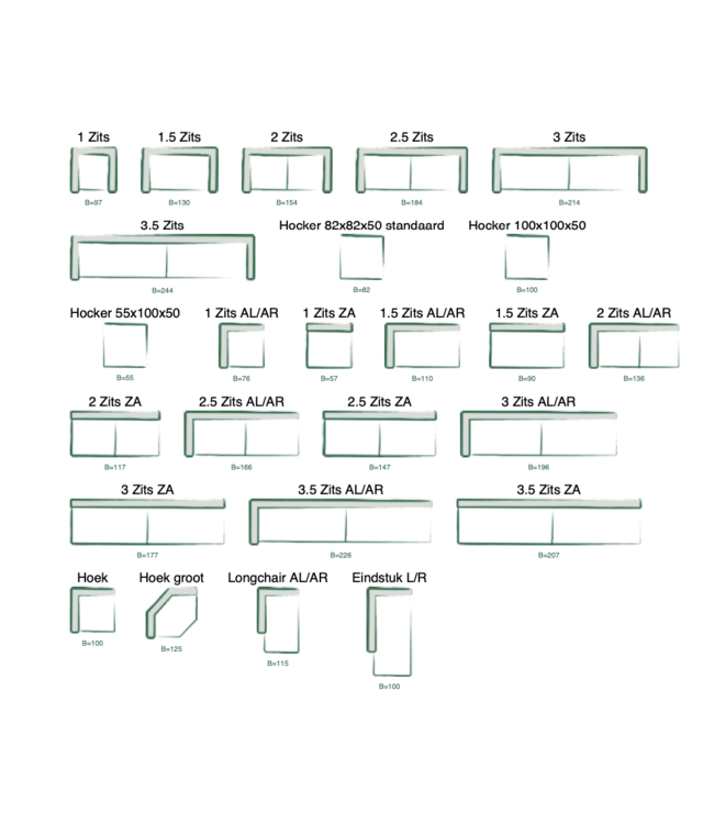 Elementenbank Cas zoals afgebeeld: in bekleding: C-Sneak 1 & G-Clyde 203 - Zelf samenstellen