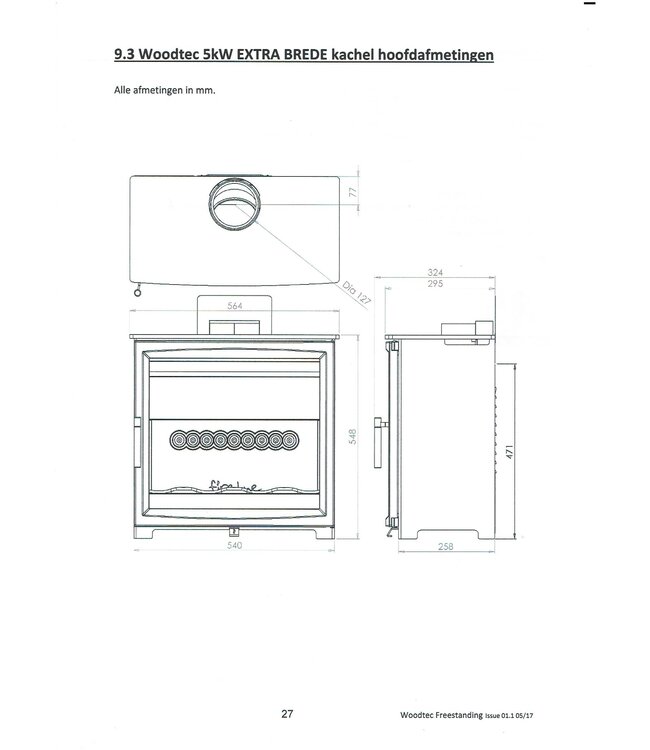 Charlton & Jenrick Fireline Woodtec 5 kW-XW extra breed 564 mm met houtvak