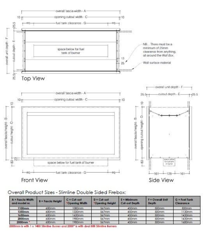 Icon Fires Double Sided Slimline Firebox 1100 met Slimline 800 Brander
