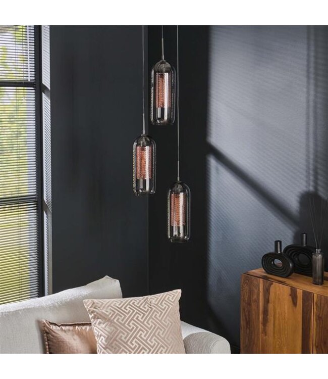 Rispens Hanglamp 3L getrapt smoke glas-geperforeerd staal / Artic zwart