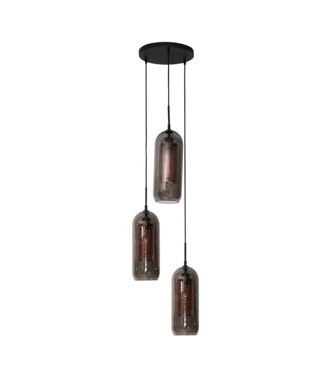 Rispens Hanglamp 3L getrapt smoke glas-geperforeerd staal / Artic zwart