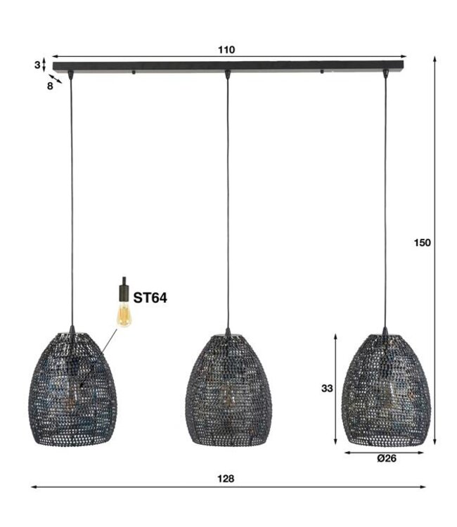 Rispens Hanglamp 3x Ø26 armor ovaal / Zwart bruin