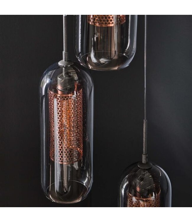 Rispens Hanglamp 3L getrapt smoke glas-geperforeerd staal / Artic zwart
