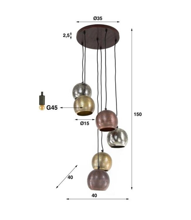 Rispens Hanglamp 6x bol getrapt metal print