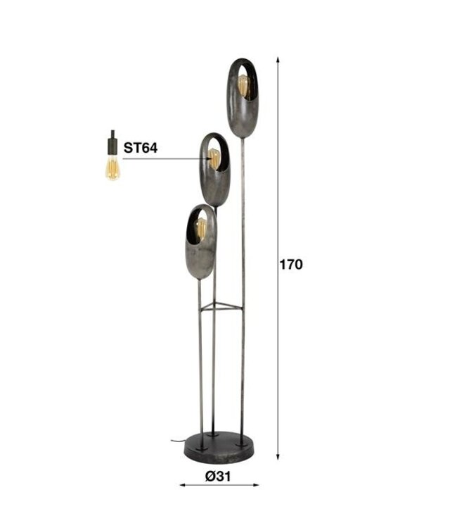 Rispens Vloerlamp 3x open oog getrapt - Oud zilver