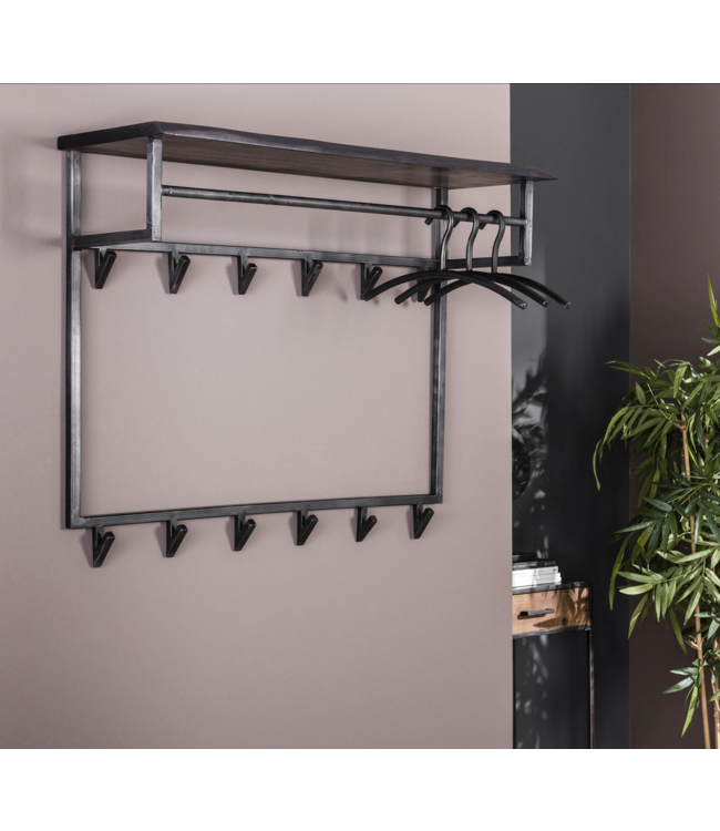 Rispens Kapstok yucon hoog 12 haken hoedenplank / Massief acacia zwart