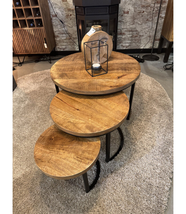 Salontafelset Mango & zwart metaal set van 3