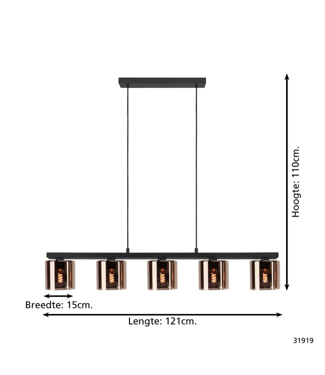 Eglo Cadley hanglamp staal koperen / glas gestoomd zwart-transparant