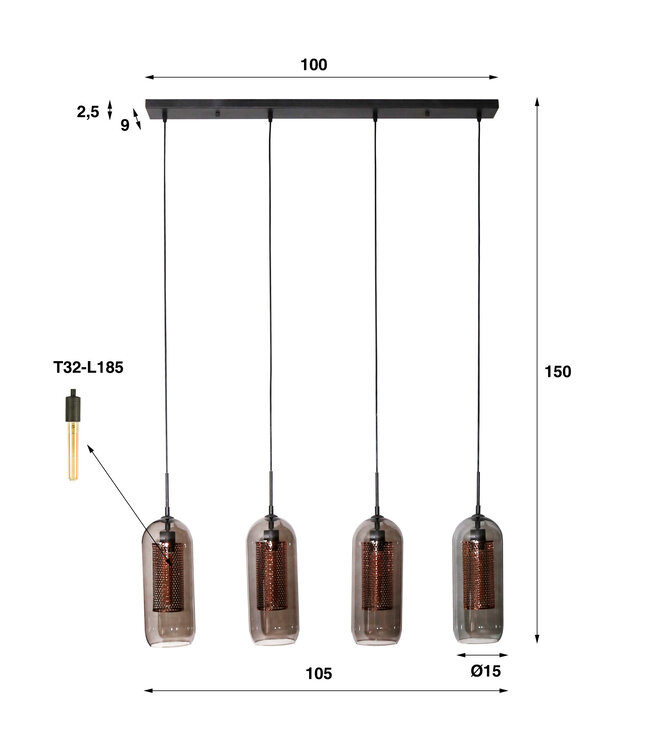 Rispens Hanglamp 4L smoke glas-geperforeerd staal / Artic zwart Zijl