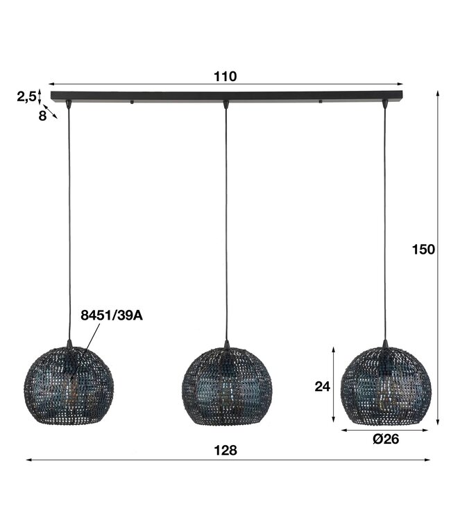 Rispens Hanglamp 3x Ø26 armor half rond / Zwart bruin