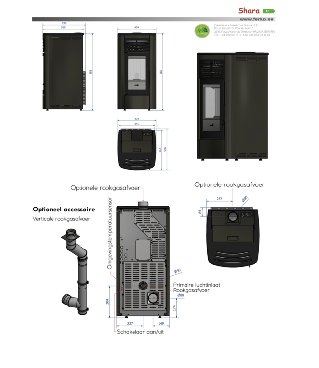 Ferlux Ferlux Pelletkachel Shara 8 kW Zwart – Stille, krachtige verwarming met strak design