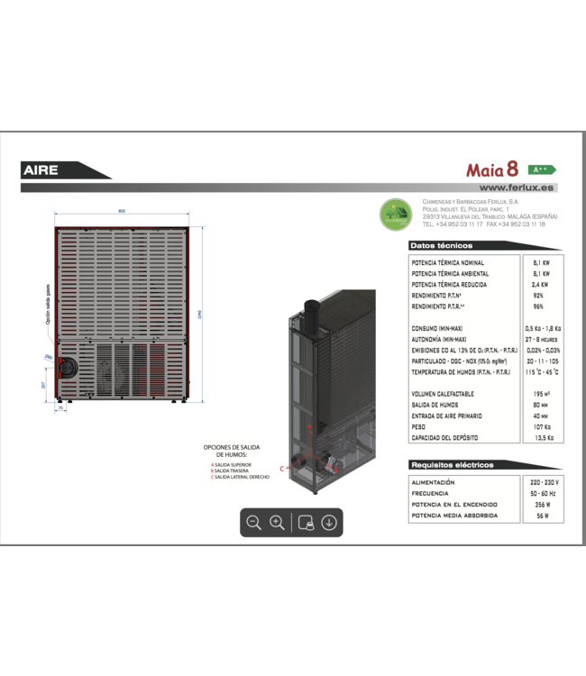Ferlux Ferlux Pelletkachel Maia 8 kW Zwart – Efficiënte en stille verwarming in modern design