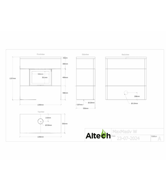 Altech Altech Max Massiv W Antraciet Speksteen Nature – Massieve speksteenkachel met maximale warmteopslag
