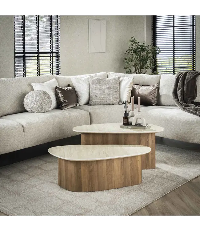 Rispens Salontafelset Romano – Set van 2 driehoekige tafels met keramisch blad in travertin look