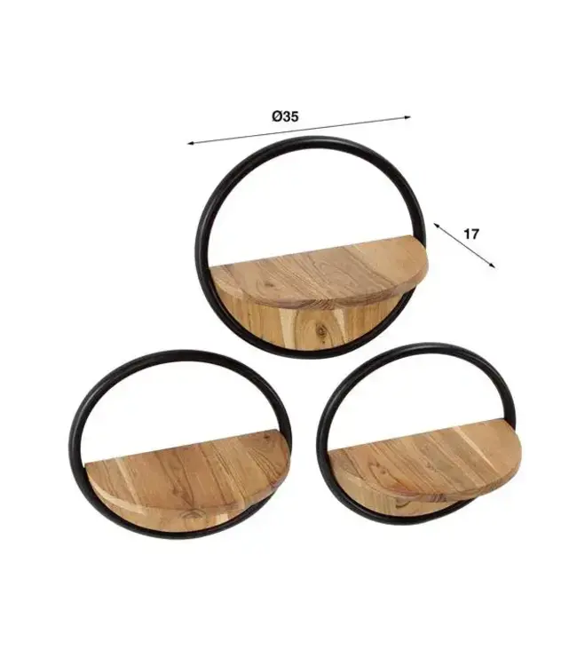 Rispens Wandschap Round – Set van 3 ronde wandplanken van acaciahout en metaal
