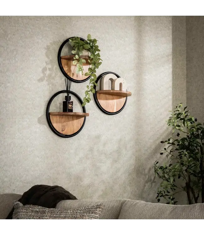 Rispens Wandschap Round – Set van 3 ronde wandplanken van acaciahout en metaal