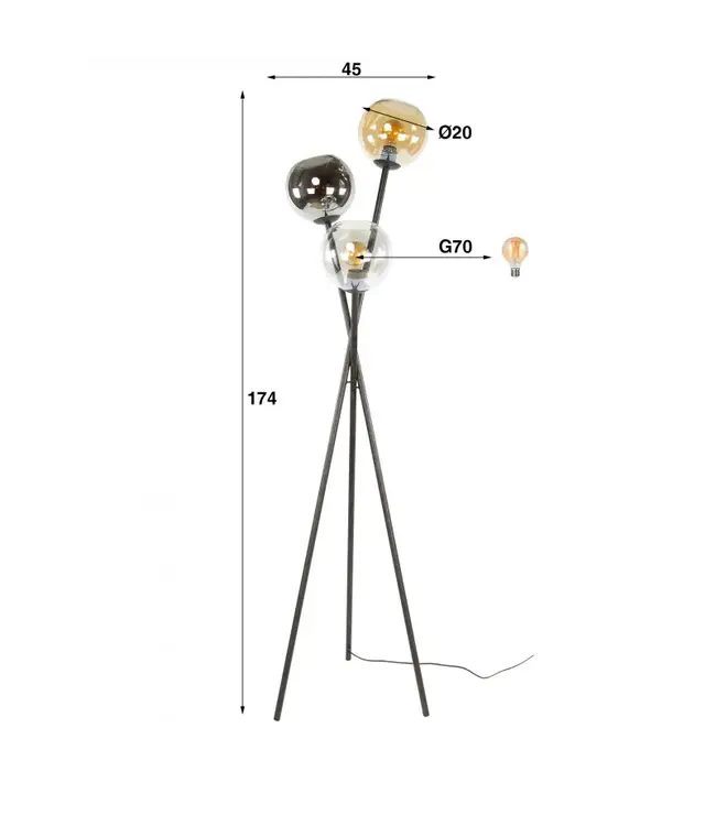 Rispens Vloerlamp Multi Globe 3L – Artic zwart – Met glas in chroom, amber en transparant – 174 cm