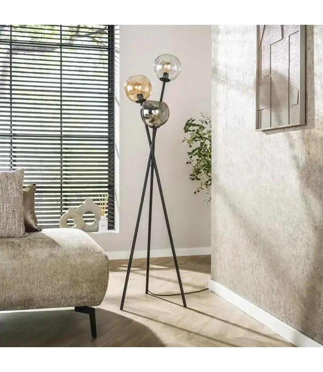 Rispens Vloerlamp Multi Globe 3L – Artic zwart – Met glas in chroom, amber en transparant – 174 cm