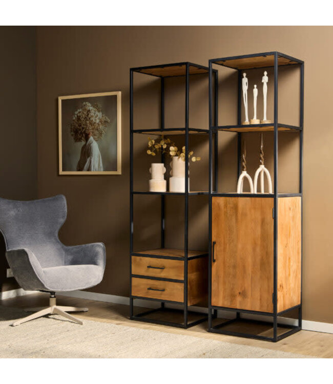 Starfurn Boekenkast Denver – 55 cm – Starfurn – 2 lades en 2 legplanken – Mangohout met zwart metaal