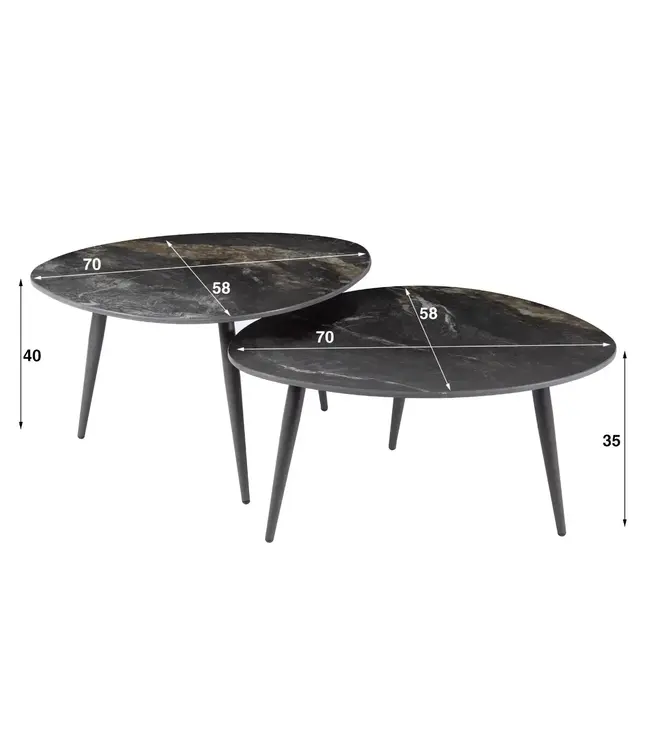 Rispens Salontafel Fossil – Organisch – Set van 2 – Keramiek Fossil Black – Zwart Metaal