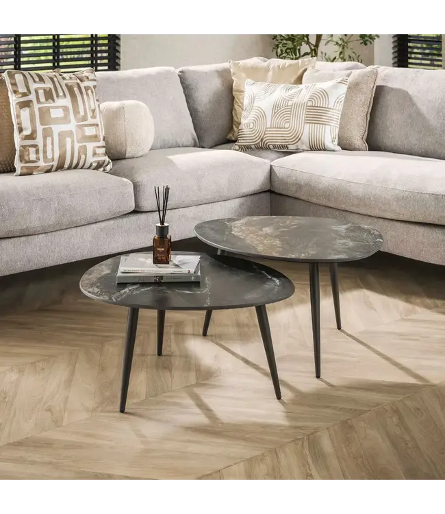 Rispens Salontafel Fossil – Organisch – Set van 2 – Keramiek Fossil Black – Zwart Metaal