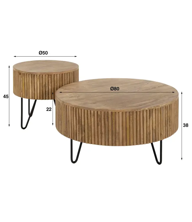 Rispens Salontafel Wave – Rond – Set van 2 – Massief Mangohout – Zandkleurige Finish