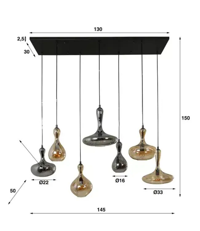 Rispens Hanglamp Karaf – 4+3-lichts – Artic Zwart – Glas & Metaal – Moderne Eyecatcher
