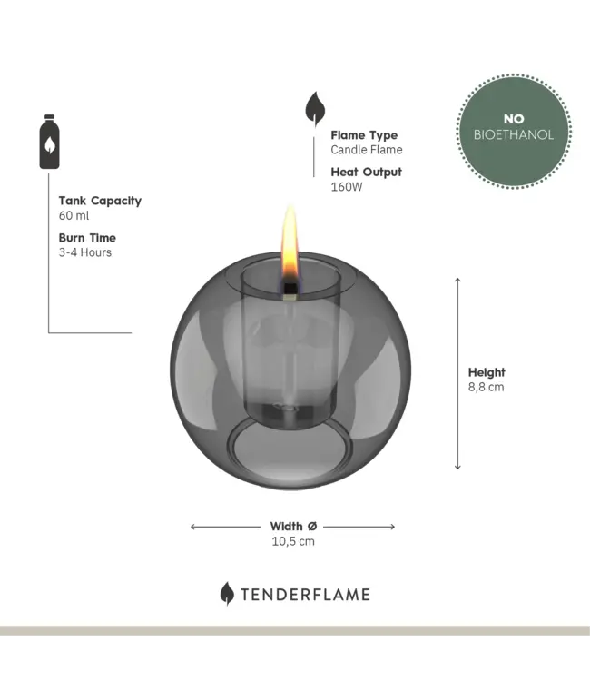 Tenderflame Globus Candle 10 Graphite Ø10,5 cm – tafelvuur glas