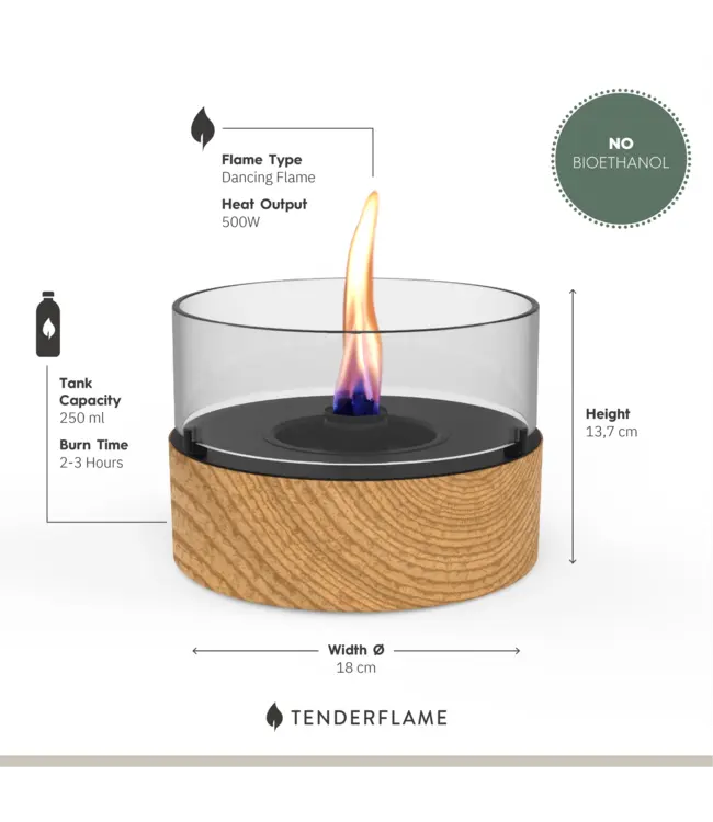 Tenderflame Café 18 Oak tafelhaard Ø18 cm – eikenhout design